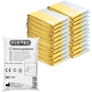 FLEXEO 20x Rettungsdecke Gold Silber - 210cm x 160cm - Rettungsfolie - Notfall - Erste-Hilfe-Decke - Notfalldecke - Rettungsdecken - Emergency Blanket - Goldfolie - Silberfolie