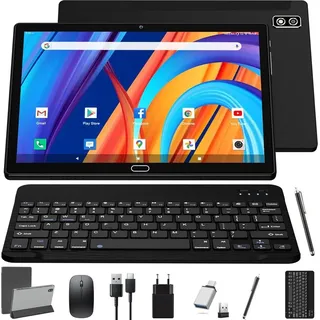 KADYBE 2024 Neueste Android 13 Tablet 10 Zoll 2-in-1 2 SIM Slots 1 SD, 64GB ROM TF 512GB, Octa-Core, Tablets PC Tastatur Maus Schutzhülle, 1080