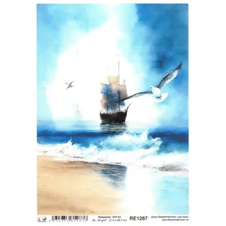 Josys Bastelmärchen Reispapier A4 Strohseide Decoupage Möwe Strand Segelschiff Meer See RE1287