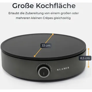 Klamer Crepes Maker, Große Backfläche mit 33cm Ø, antihaftbeschichtete Platte, inkl. Teigverteiler und Wender aus Holz, Crepes Eisen für Crepes, Panc...