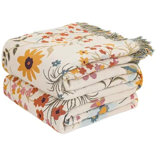 HOORDRY Boho Tagesdecke, Doppelseitige Landhausstil Baumwolldecke mit Fransen, Weiche und Atmungsaktive Bettüberwurf, Sofadecke, Dekorative Musselin Decke mit Bunte Blumenmuster 130x150 CM, Beige/Blau