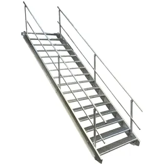 16 Stufen Stahltreppe mit beidseitigem Geländer/Breite 120cm Geschosshöhe 274-340cm / Robuste Außentreppe/Wangentreppe/Stabile Industrietreppe für den Außenbereich/Inklusive Zubehör