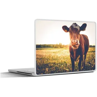 MuchoWow Laptop-Aufkleber Kuh - Sonnenuntergang - Blumen - Gras - Tiere, (1tlg), Selbstklebendes Laptop Folien Cover, Sticker, Kratzschutz, 40x30 cm bunt Ø 50.00 cm x 40 cm x 30 cm