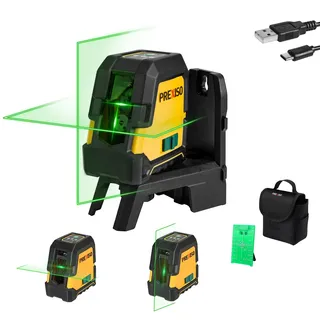 PREXISO Kreuzlinienlaser Grün 30m, Selbstnivellierend Linienlaser mit Dualem Lasermodul, mit Magnethalterung, Laserzieltafel & Schutztasche, USB-Aufladung, für Bau, Bodenfliesen, Hausrenovierung