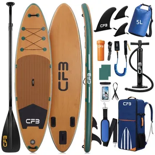 CFB SUP-Board Set 320x84x15 cm extra breit, Bis zu 160 kg, aufblasbar Stand Up Paddle Board, (iSUP Komplett-Set, 12 tlg., mit Alu Paddel, Pumpe, Rucksack, Leash, 5L Dry Bag und Schultergurt), Paddleboard aufblasbar für Anfänger & Erwachsene grün