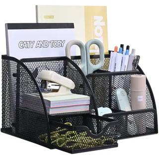 MumdoYAL Schreibtisch Organizer, Mesh Metall Büro Organizer mit Schublade und Stifthalter für Stifte, Haftnotizen, Hefter, Ordnerklammern, Schwarz