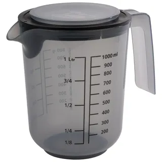 APS-Germany APS Rührbecher mit Deckel - Messbecher mit Maßskalen für Flüssigkeiten (l/ml), Zucker (g) und Mehl (g) / Volumen 1 Liter/Ø 12,5 cm/Höhe 16 cm, french grey