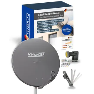 Schwaiger Satellitenschüssel Komplettset - Ø 88 cm Aluminium Offset Antenne in Anthrazit - Inkl. Quad LNB 4-Fach - Digital HD & 4K Empfang - Integrierte Kabelführung & wetterfest