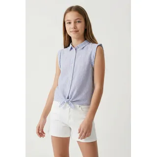 NAME IT Kurzarmbluse NAME IT "NKFFEMMA CAPSL SHIRT NOOS", Mädchen, Gr. 116, blau (dusty blau), Web, Obermaterial: 100% Baumwolle, gestreift, regular fit normal, Umschlagsaum, Blusen, mit Knotendetail vorne am Saum