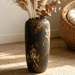 Duoqulou Boho Bodenvase aus Keramik, 40 cm, Rustikale Vintage Vase für Wohnzimmer Dekoration, Pampasgras oder Trockenblumen, Perfekt für Regale und Tische