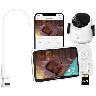 BOIFUN Video-Babyphone WLAN Babyphone mit Kamera 4,3” 2MP Kamera App-Steuerung mit Halterung, IR Nachtsicht 2500mAh 4X Zoom 360° Ansicht Zwei-Wege-Audio Temperaturüberwachung, 1-tlg.