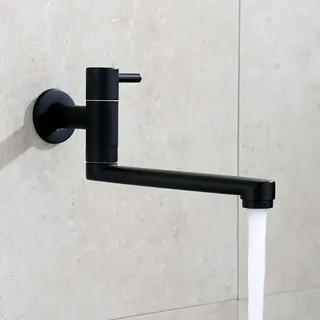 HomeLava Wasserhahn Küche Wandmontage nur Kaltwasser Armatur Wandarmatur Kaltwasserhahn mit 360 Drehbar Auslauf Langen 18cm Edelstahl Schwarz