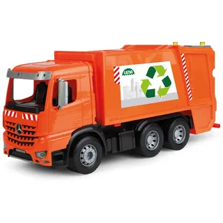 Lena 4614 Worxx Müllauto Mercedes Benz Arocs, Spielauto ca. 53 cm, Nutzfahrzeug für Kinder ab 3 Jahre, robuster Müllwagen mit 2 Mülltonnen und realitischen Spielfunktionen, orange