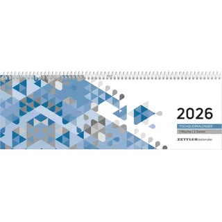 Zettler Tischquerkalender blau 2026 - 29,6x9,9 cm - 1 Woche auf 2 Seiten - Stundeneinteilung 7 - 19 Uhr - inkl. Jahresübersicht - Bürokalender - 116-0015