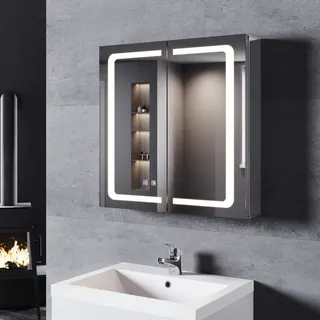 Alu Spiegelschrank Mit Beleuchtung Und Steckdose Beschlagfrei Badspiegel Led Touch 65x65x13.3cm Drahtloses Scharnier & 3 Lichtfarben Dimmbar - Sonni