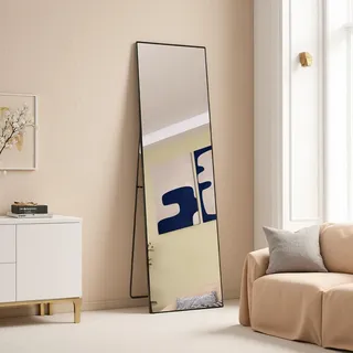 MEXUS Ganzkörperspiegel 140x40 cm Wandspiegel Standspiegel mit Aluminiumrahmen, Modern Großer Wandspiegel Stehend oder Hängend, Spiegel für Schlafzimmer, Wohnzimmer (Schwarz, 140x40 cm)