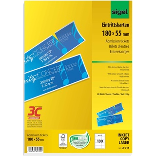 Sigel LP714 Eintrittskarten zum Selberdrucken, 180x55 mm, 100 Stück (20 Blatt), mit Abriss