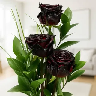 Rosenstrauß mit 3 schwarzen langstieligen Rosen | Ruskus, Gräser, Inklusive Grußkarte