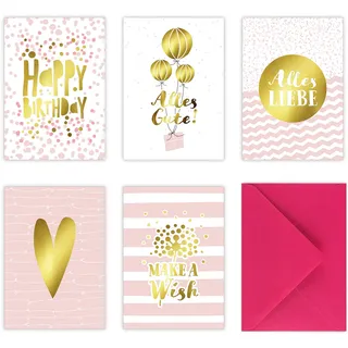 Nova MD 5 Geburtstagskarten im Set inkl. Umschläge in pink. Rosa Glückwunschkarten zum in DIN A6 mit edler Folienprägung in Gold. Klappkarten zum Geburtstag, Hochzeit, Geburt, Firmung, Konfirmation