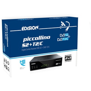 EDISION PICCOLLINO S2+T2/C Combo HD-Receiver H.265/HEVC (DVB-S2, DVB-T2, DVB-C | ARD-ZDF SD Abschaltung tauglich) Unicable tauglich, 2in1 RCU, HDMI, AV, LAN, Vorinstallierte deutsche Programmliste