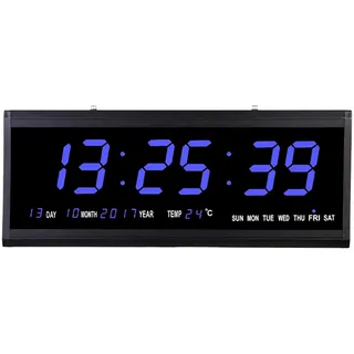 HauTour Digitale Wanduhr LED Großdisplay mit Temperaturanzeige und Datum, Woche Digital Uhr Netzbetrieben 12/24H 48 * 19 * 3cm für Schlafzimmer Home Office (Blau)