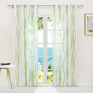 ESLIR Gardinen mit Ösen Vorhänge Gardinenschals Transparent Schlaufenschal Wellen Muster Voile Grün BxH 140x145cm 1 Stück