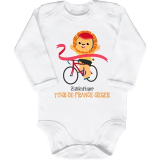 Blauer-Storch Baby Body in Weiß Löwe auf Fahrrad, Zukünftiger Tour-de-France-Sieger Spruch Geschenk zur Geburt zum Geburtstag für Kleinkind Langarm Bio Baumwolle - 6-12 Monate