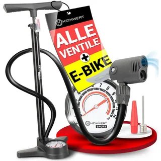HEIMwert Premium für alle Ventile, hochpräzises Manometer, komfortable 12 bar Universal Standpumpe Fahrrad – Luftpumpe Fahrrad für maximale Zuverlässigkeit - Bike Pump (schwarz)