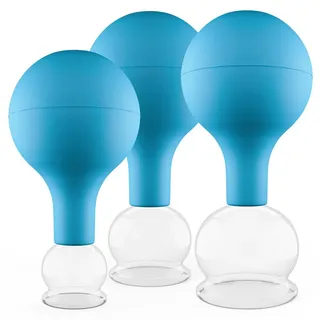 PULOX Schröpfgläser Set aus Echtglas mit Saugball - 3x Medizinisches Schröpfglas in Blau - 25mm, 32mm, 40mm
