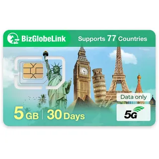 EIOTCLUB Prepaid SIM für Reisen, BizGlobeLink SIM-Karte Internationale 5GB 30Tage Nutzung in 77 Ländern, nur Daten, 5G/4G LTE, ohne Vertrag, nachfüllbar, für Handys, WLAN-Router & Tablets.