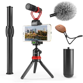 Movo VXR10+ Smartphone Video Rig mit Mini Stativ, Phone Grip und Video Mikrofon Kompatibel mit iPhone 13, 12, 11, 11 Pro, XS, XR, X, 8, 7, und Android - für YouTube, Tik Tok, Filmen, Vlogging