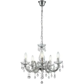 GLOBO Kronleuchter Kristall Hängeleuchte chrom Esstischleuchte Lüster Pendellampe Kristallbehang klar, 5x E14 Fassung, DxH 44x128 cm