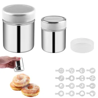 Zosenyer 2 Stück Puderzuckerstreuer Edelstahl Streuer mit Feinrechen Deckel, ﻿16 Kakao Cappuccino Vorlagen Mehlsieb für Backen, Kochen, Kaffee, Schokolade, Zucker, Salz, Restaurant, Zuhause