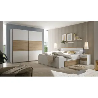 SchlafKONTOR Schlafzimmer-Set »Kiara Kleiderschrank, Bett, Nachtkommoden, Bettschubkästen« Set, Beleuchtung im Kopfteil, Bett inklusive Bettschubkästen, weiß