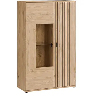 Forte VERNIQ Vitrine 100, Scandi-Stil Vitrinenschrank, 2-türig, Lamellendetails, Wohnzimmer, Holzwerkstoff, Wildeiche Natur Holzdekor, 100,1 cm breit x 159,9 cm hoch x 41,3 cm tief