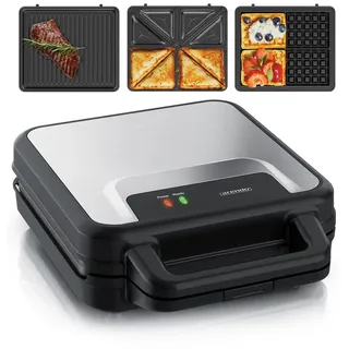 Arendo 3-in-1-Sandwichmaker Waffeleisen & Kontaktgrill, abnehmbare Antihaftbeschichtete Platten, 1400 W, 3-in-1: für Sandwich, Waffel & Grill, Panini, austauschbare Platten schwarz|silberfarben