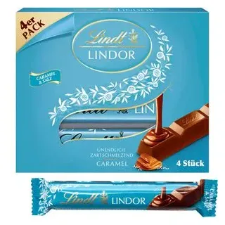 Lindt Schokoriegel Lindor Sticks Multipack, Caramel und Salz, 100g, je 25g, 4 Riegel