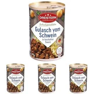 DREISTERN Schweinegulasch 400g | leckeres Gulasch in der praktischen recycelbaren Konservendose | zartes Schweinefleisch - Qualität die schmeckt (Packung mit 4)