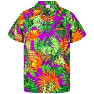 King Kameha Funky Hawaiihemd Kinder Jungen Mädchen Kurzarm Fronttasche Hawaii-Print Unisex Ananas Blätter Muster - 10 Jahre