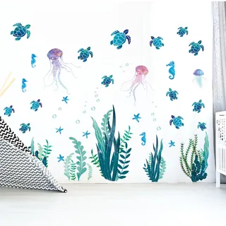 Unterwasser-wandtattoos, Meeresschildkröten-wandtattoos, Bunte Meeresgras-wandtattoos, Algenblasen-vinyl-wandtattoo, Meereswanddekoration Für Badezimmer, Toilette, Schlafzimmer, Kinderzimmer