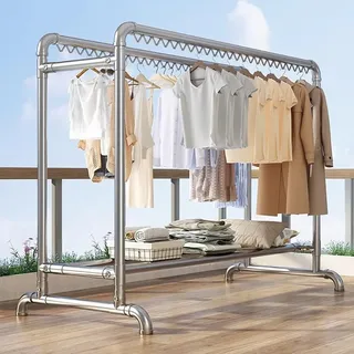 WPPTNSFY Garderobenständer mit Doppelstangen, Schwerlast Kleiderständer, Kleiderständer aus Metall, Stabil, Winddichtes Loch, Tragfähigkeit 400kg, L:1.6/2M