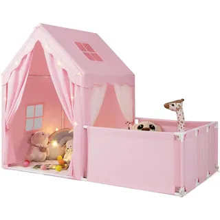 COSTWAY 2in1 Kinderzelt mit Laufgitter, Kinder Spielhaus Indoor mit Matte & Lichterkette, Kinder Spielzelt, Spielbereich, 177 x 97 x 136 cm Rosa - Rosa