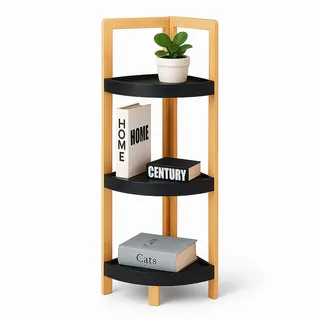 Relaxdays Eckregal Bambus, 3 halbrunde Ablagen, Hellbraun,Schwarz