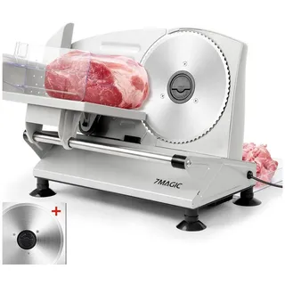 7MAGIC Allesschneider Brotschneidemaschine Elektrisch, Edelstahl Aufschnittmaschine, 150,00 W, mit stufenlos einstellbarer Schnittstärke,mit Abnehmbarer 17 cm Klinge silberfarben