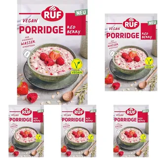 RUF Veganes Porridge Red Berry Oats, Haferbrei mit Erdbeeren & Himbeeren, einfache Zubereitung, Oatmeal im praktischen Portionsbeutel, 1 x 60 g (Packung mit 5)