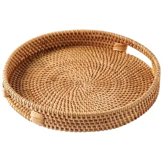 Louttary Serviertablett aus Rattan, 30 cm, gewebte Servierplatten mit Griffen für Esstisch, rund, Servierkorb aus Weide