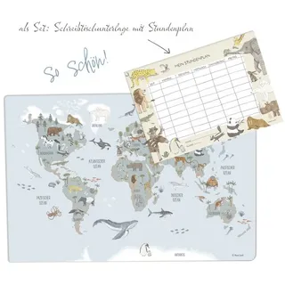 Designforlittleones Schreibtischunterlage Set Schreibtischunterlage/Stundenplan Weltkarte Tiere bleu blau