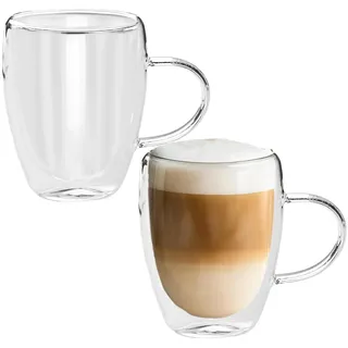 Kaffeegläser Set Doppelwandig 2er Latte Macchiato Gläser - 180 Grad spülmaschinenfest und hitzebeständig Gastronomie Qualität -Kaffeegläser mit Henkel für Cappuccino (Farblos, 250, Milliliter)