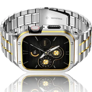 HASLFM Kompatibel mit Apple Watch Armband 45mm Series 9/8/7, Robustes Edelstahl Metall Ersatz Armband mit Gehäuse Cover für iWatch 45mm Series 9/8/7 für Männer, Silber-Gold