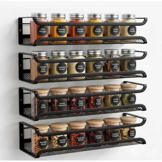 Cong.Lai Gewürzregal Wand: 4er Metall Gewürz Organizer - Gewürzregal Ohne Bohren, Gewürzhalter Hängend - Selbstklebend & Schraubmontage für Küchenwand/Schranktür (Schwarz)